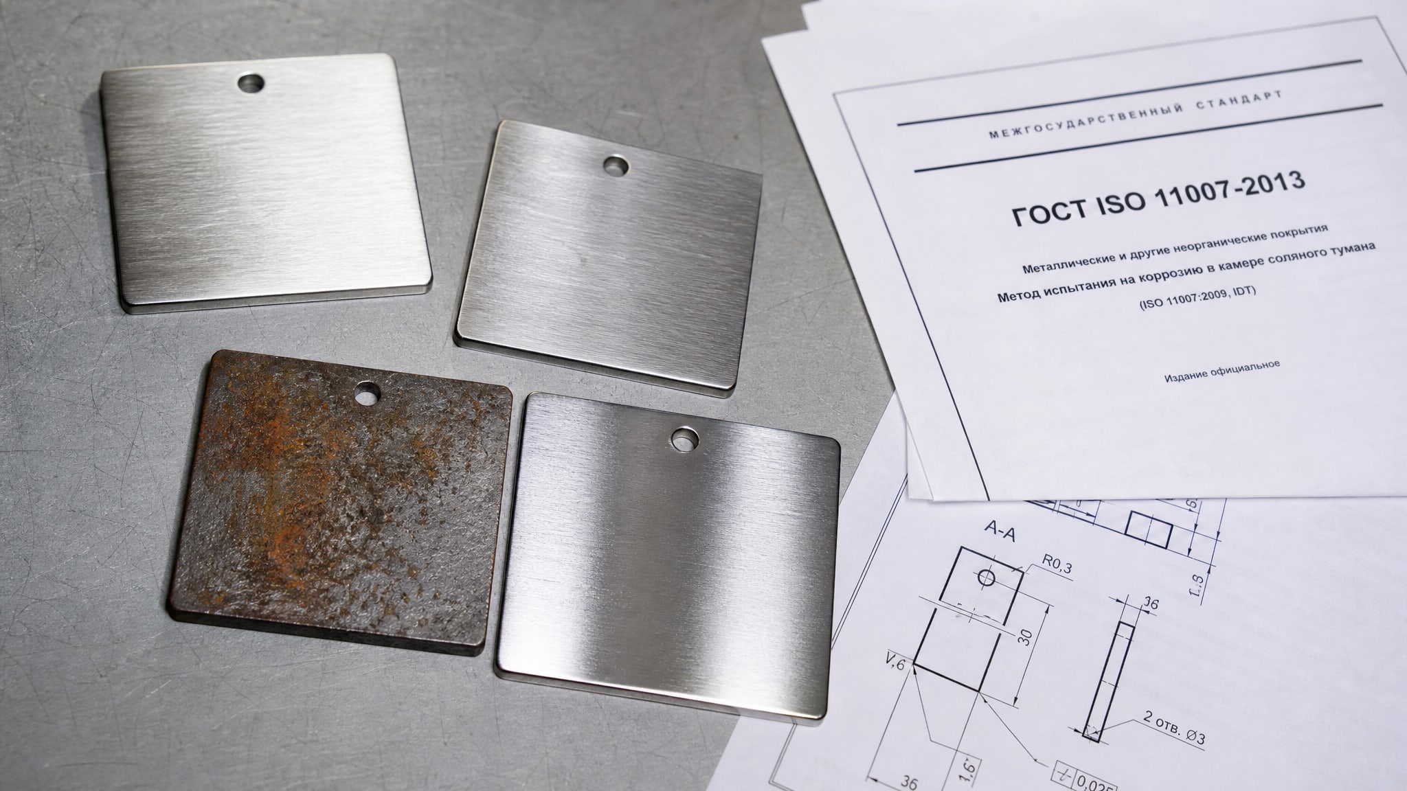 Разложенные на столе металлические образцы и нормативные документы для испытания коррозионной стойкости.