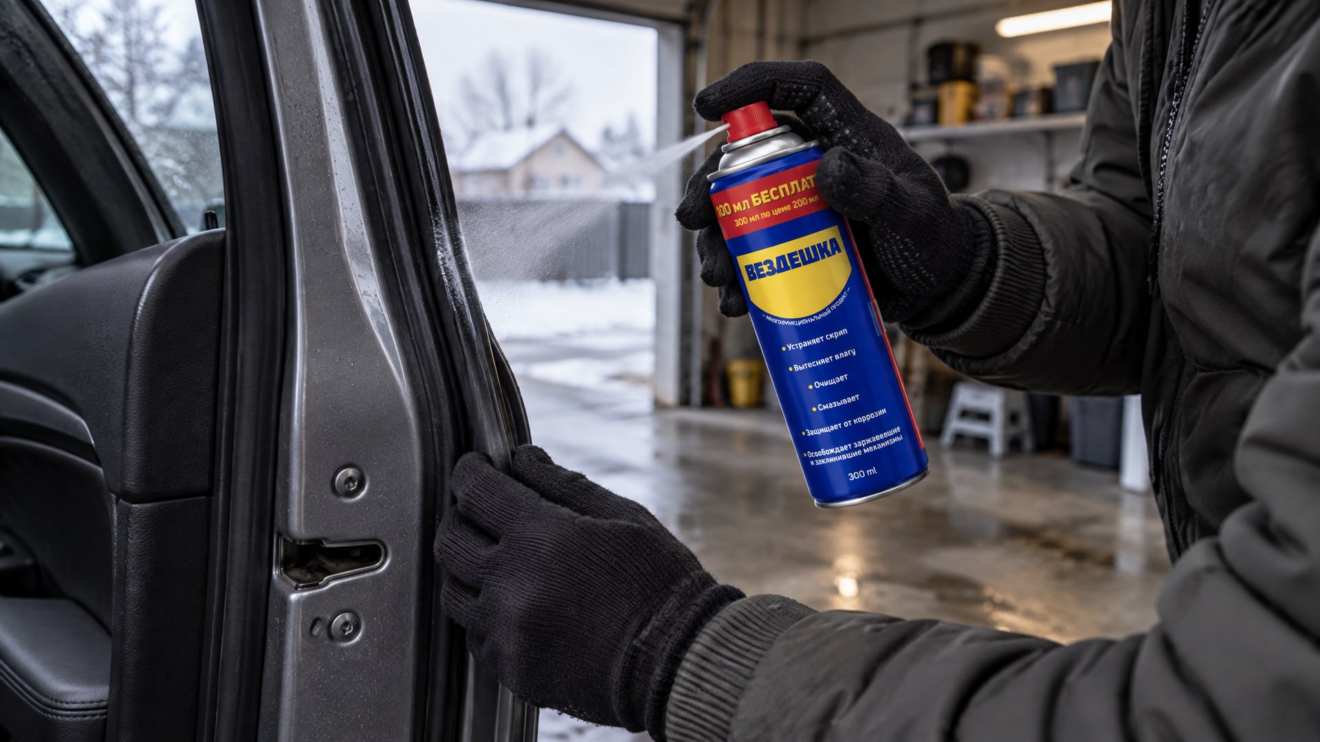 Рука в перчатке наносит универсальную смазку WD-40 на уплотнитель.