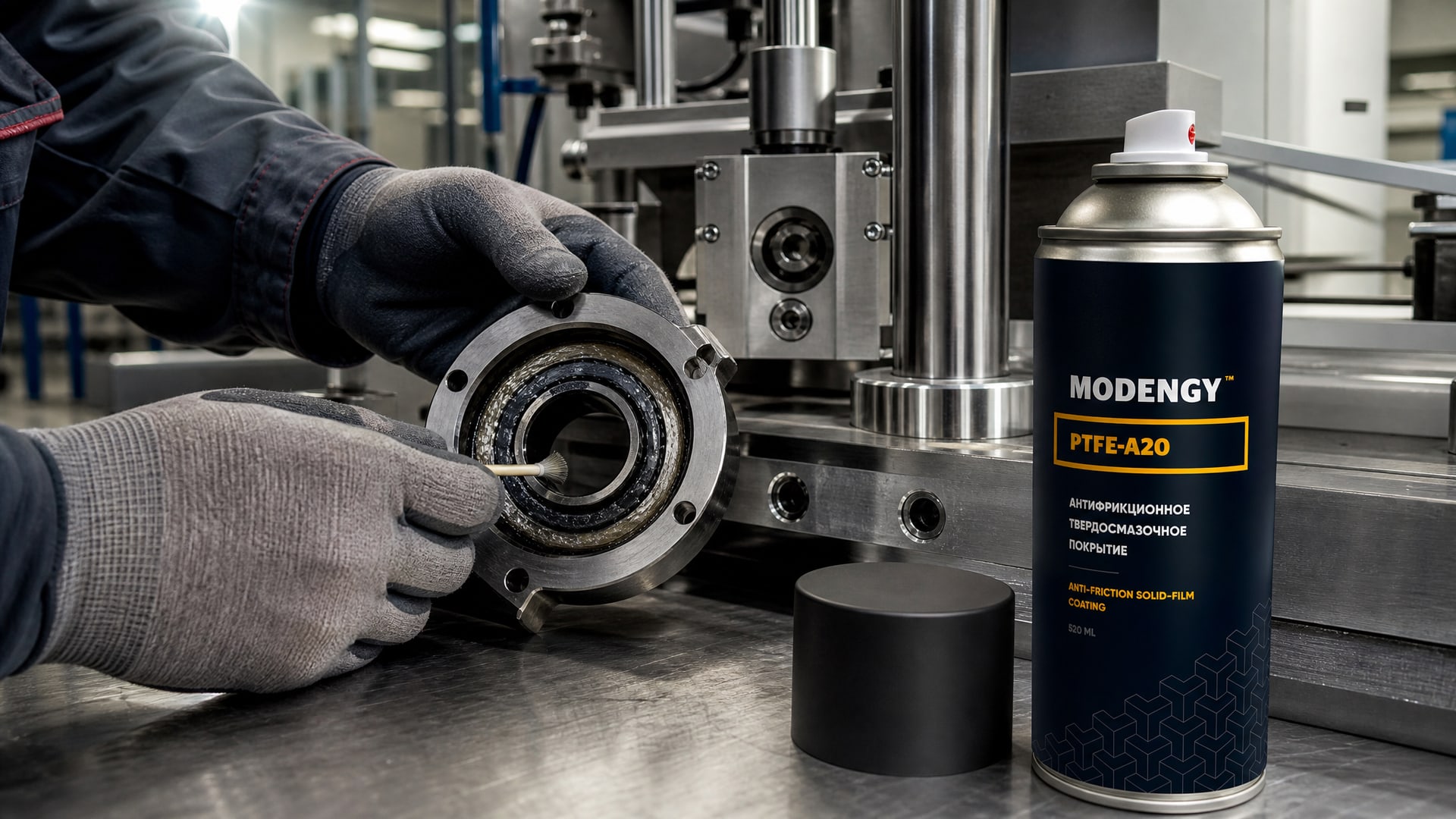 Рука в перчатке наносит MODENGY PTFE-A20 для восстановления работоспособности узлов.