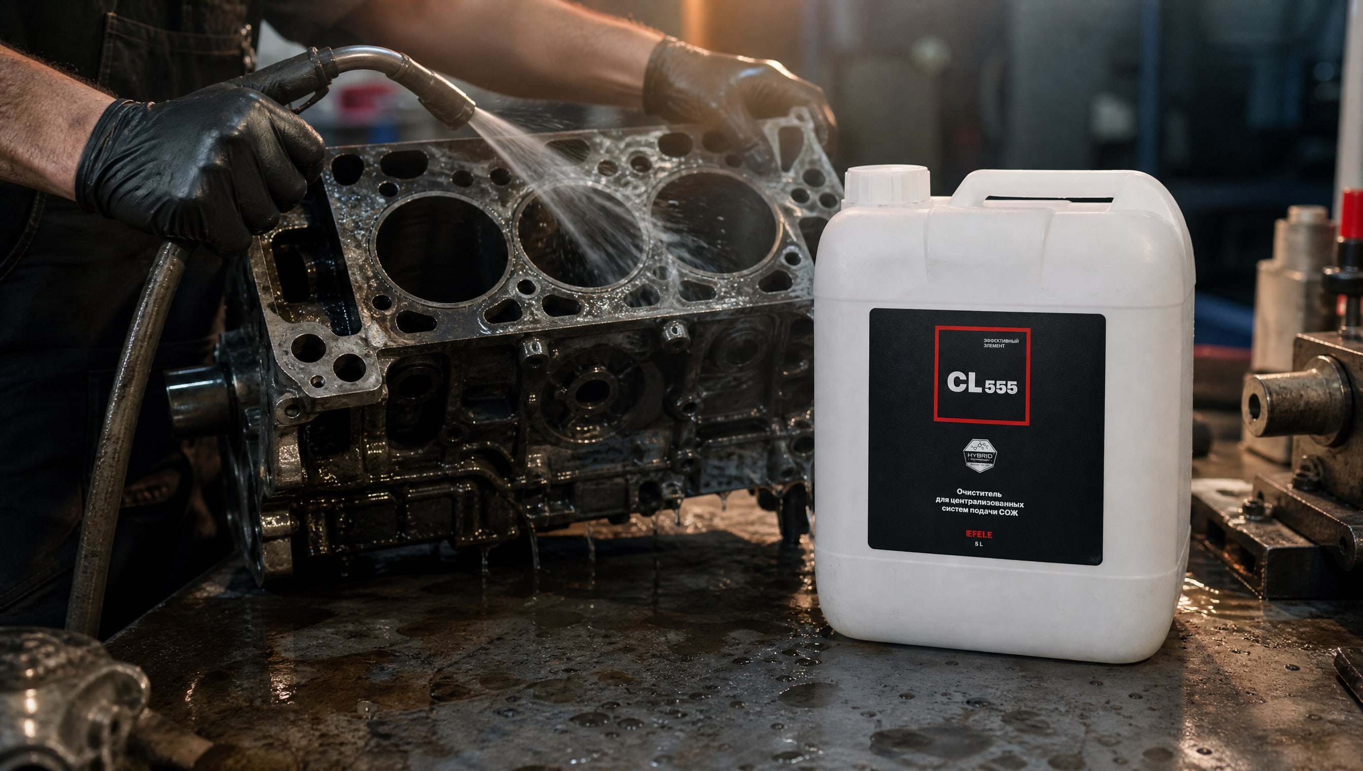 Человек в перчатке наносит EFELE CL-555 для промывки двигателя.
