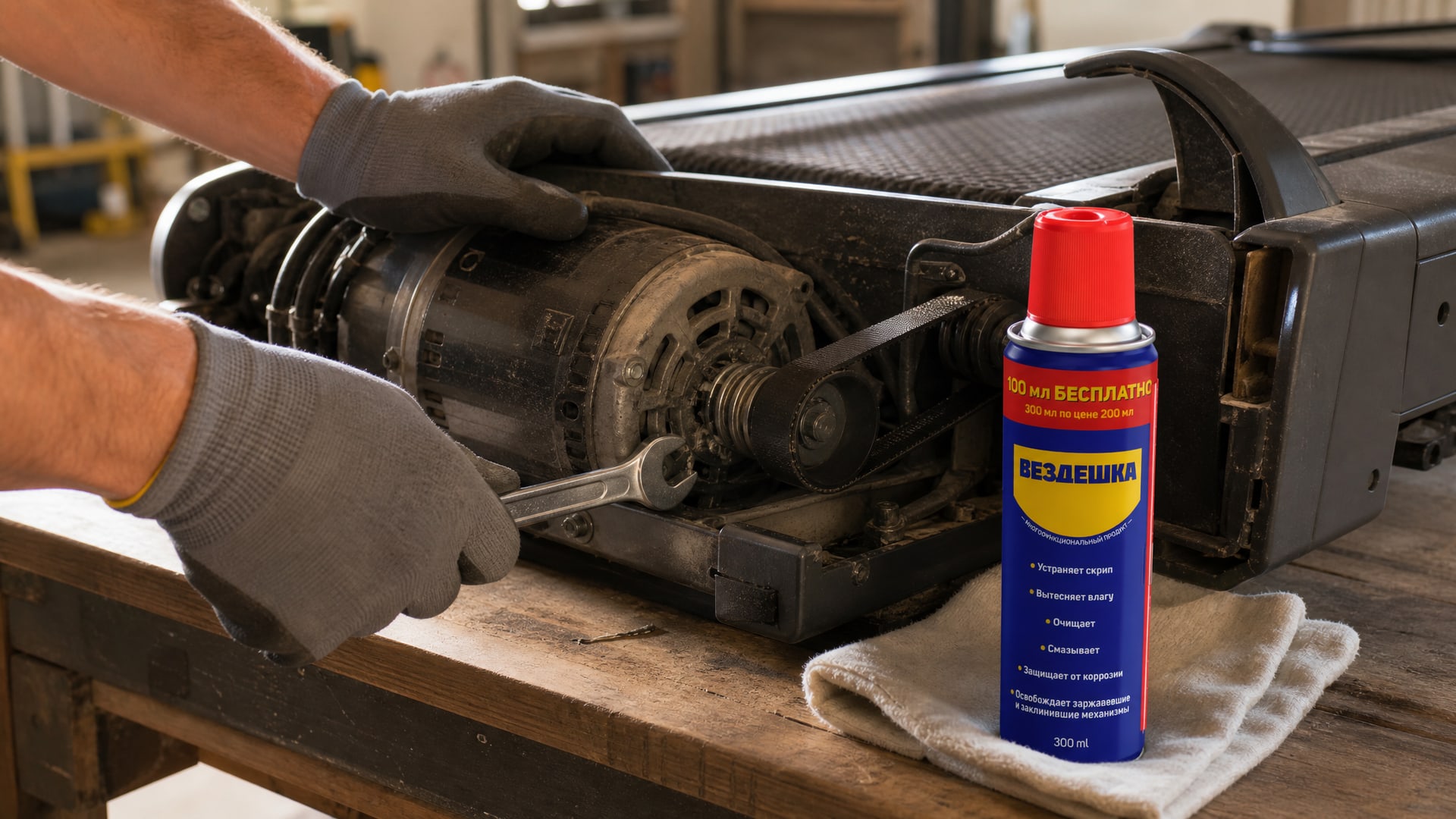 Рука в перчатке наносит универсальную смазку WD-40 на деталь.