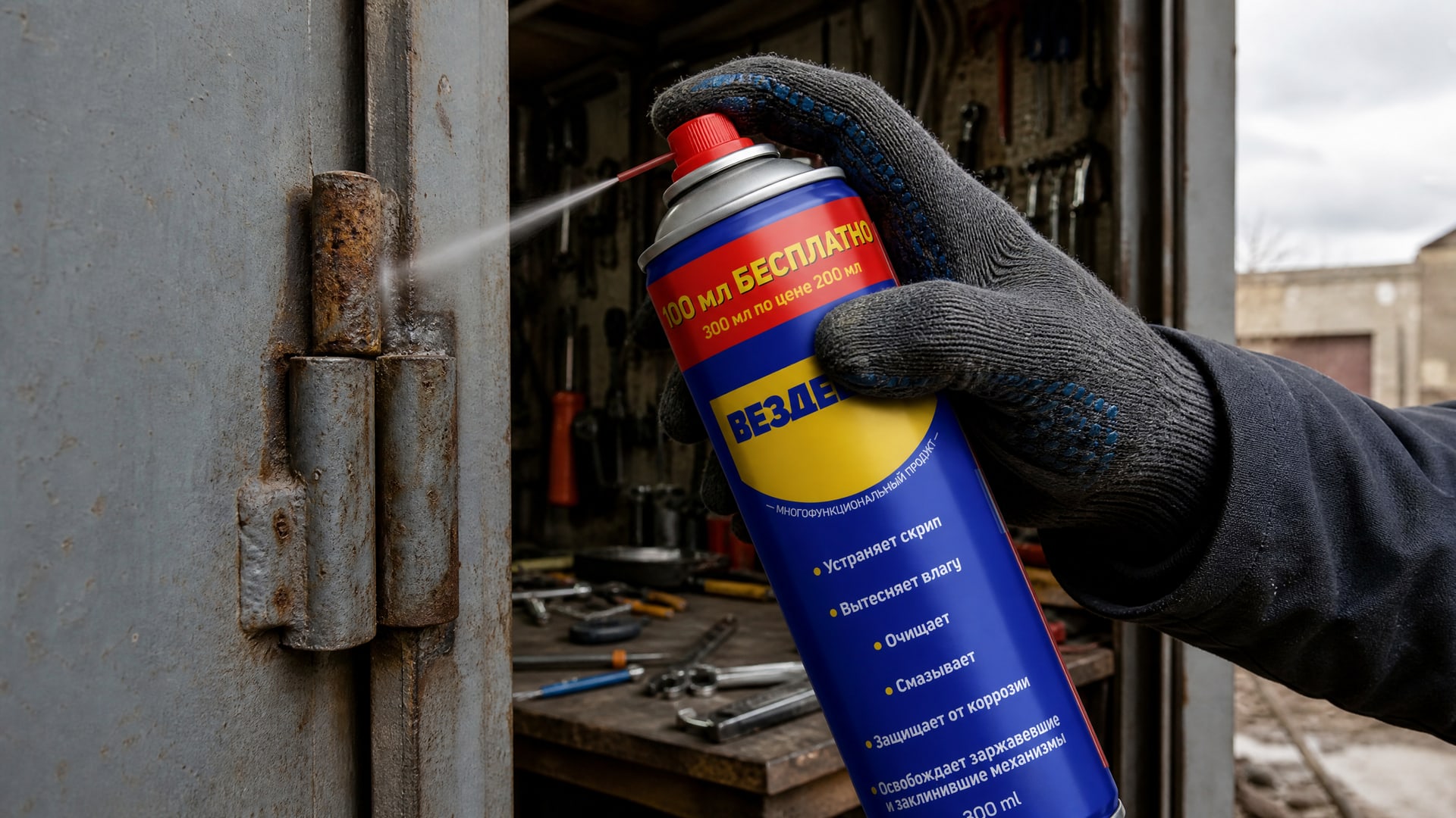 Рука наносит универсальную смазку WD40 на заевшую петлю гаражной двери.