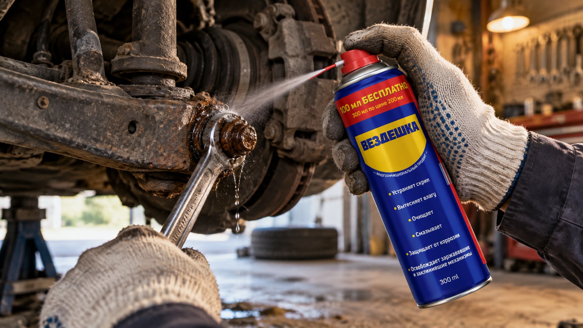 Рука наносит универсальную смазку wd-40 на закисшую резьбу.