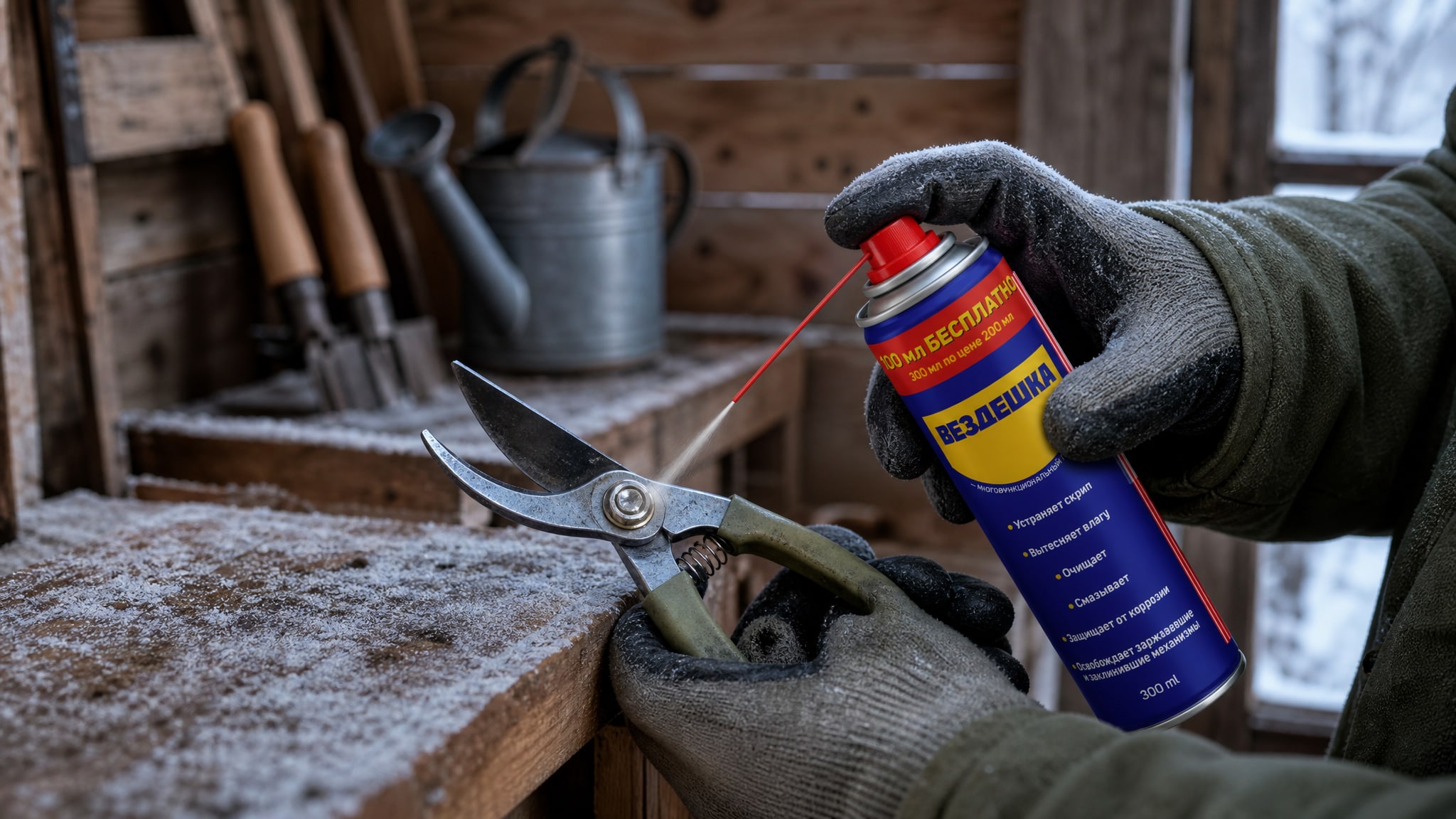 Рука в перчатке наносит универсальную смазку wd-40 на инструмент.