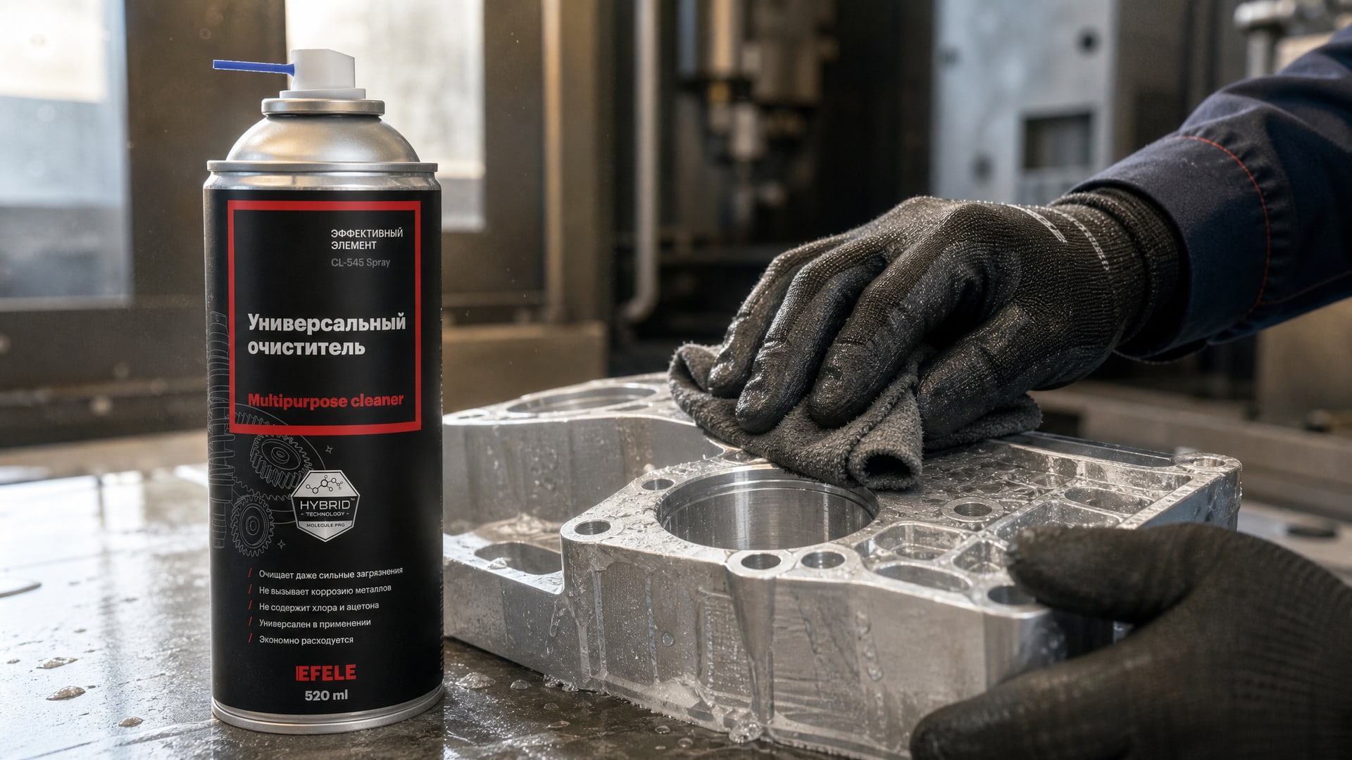Рука в перчатке наносит EFELE CL-545 Spray, очищая алюминий от сож.