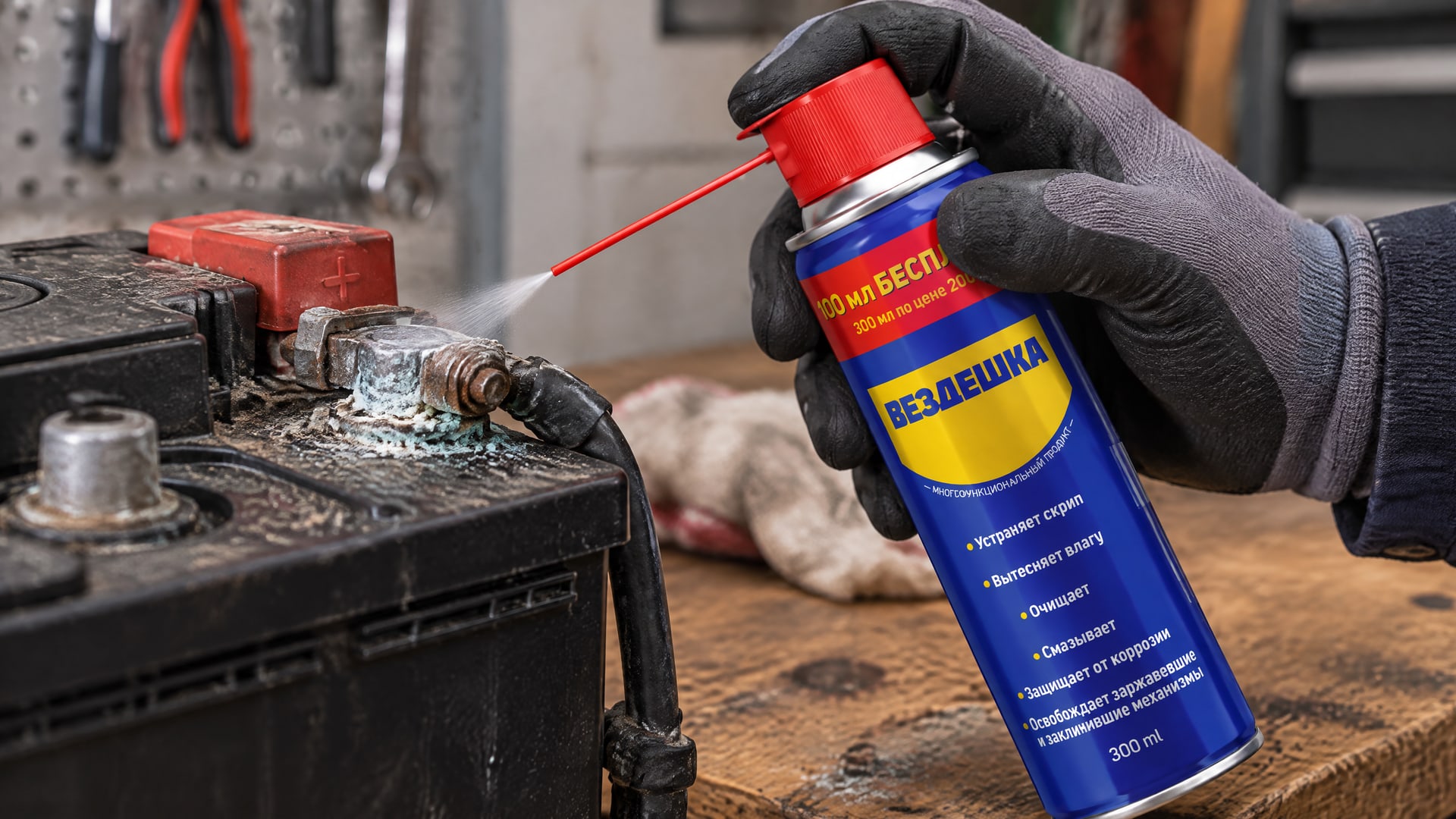 WD40 наносится на клеммы аккумулятора для защиты от коррозии.