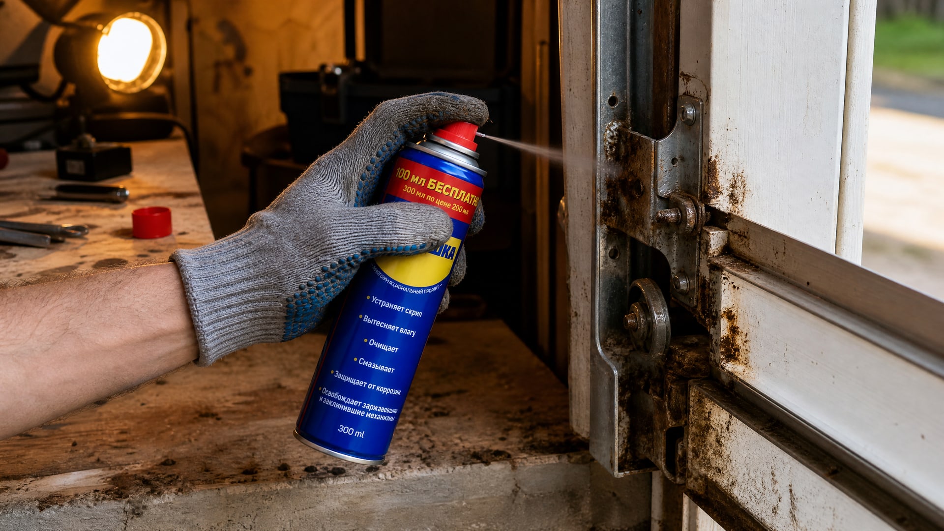 Рука в перчатке наносит универсальную смазку WD-40 на деталь.