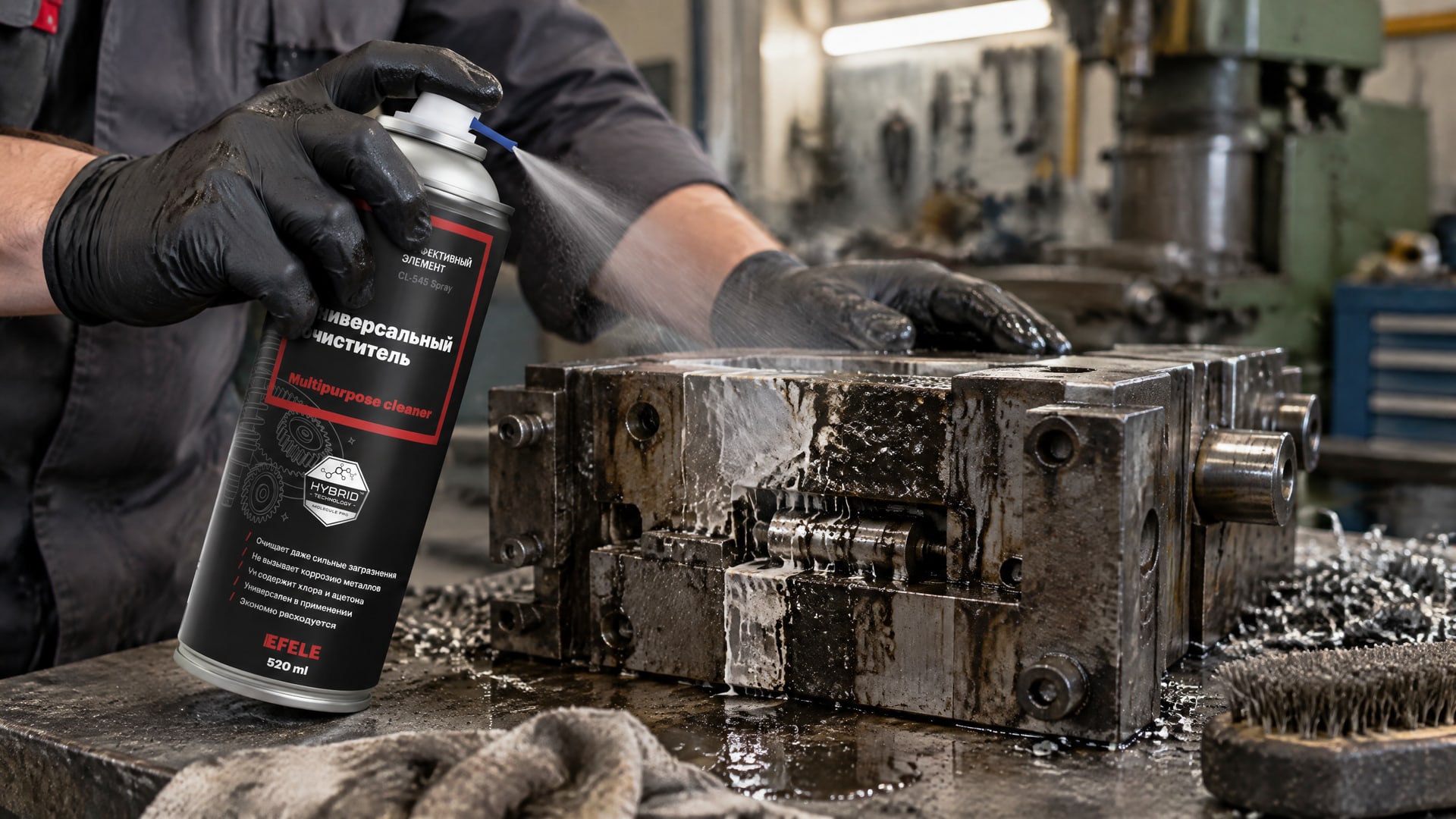 Рука распыляет EFELE CL-545 Spray (универсальный очиститель) для смазки.