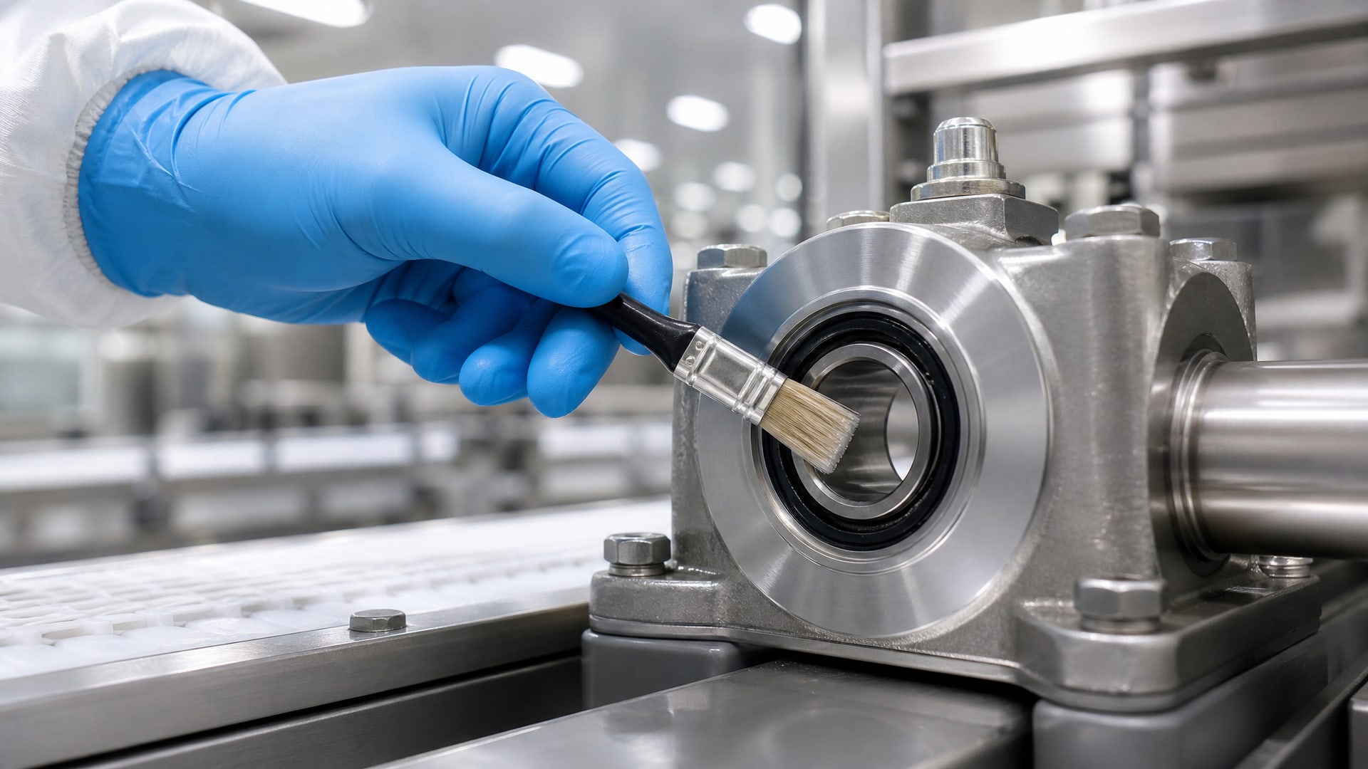 Нанесение смазки H1 Haccp аудит на подшипник станка чистой кистью.