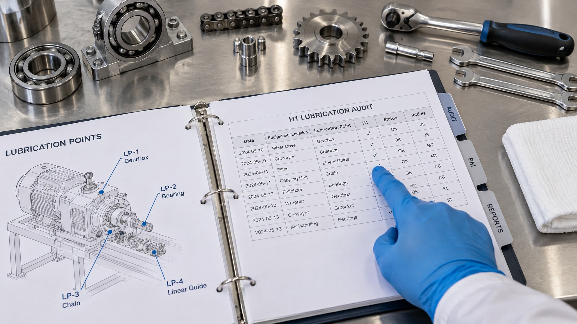 Глобус, лежащий на открытых документах по смазки H1 аудит HACCP, окружен деталями машин и инструментами.