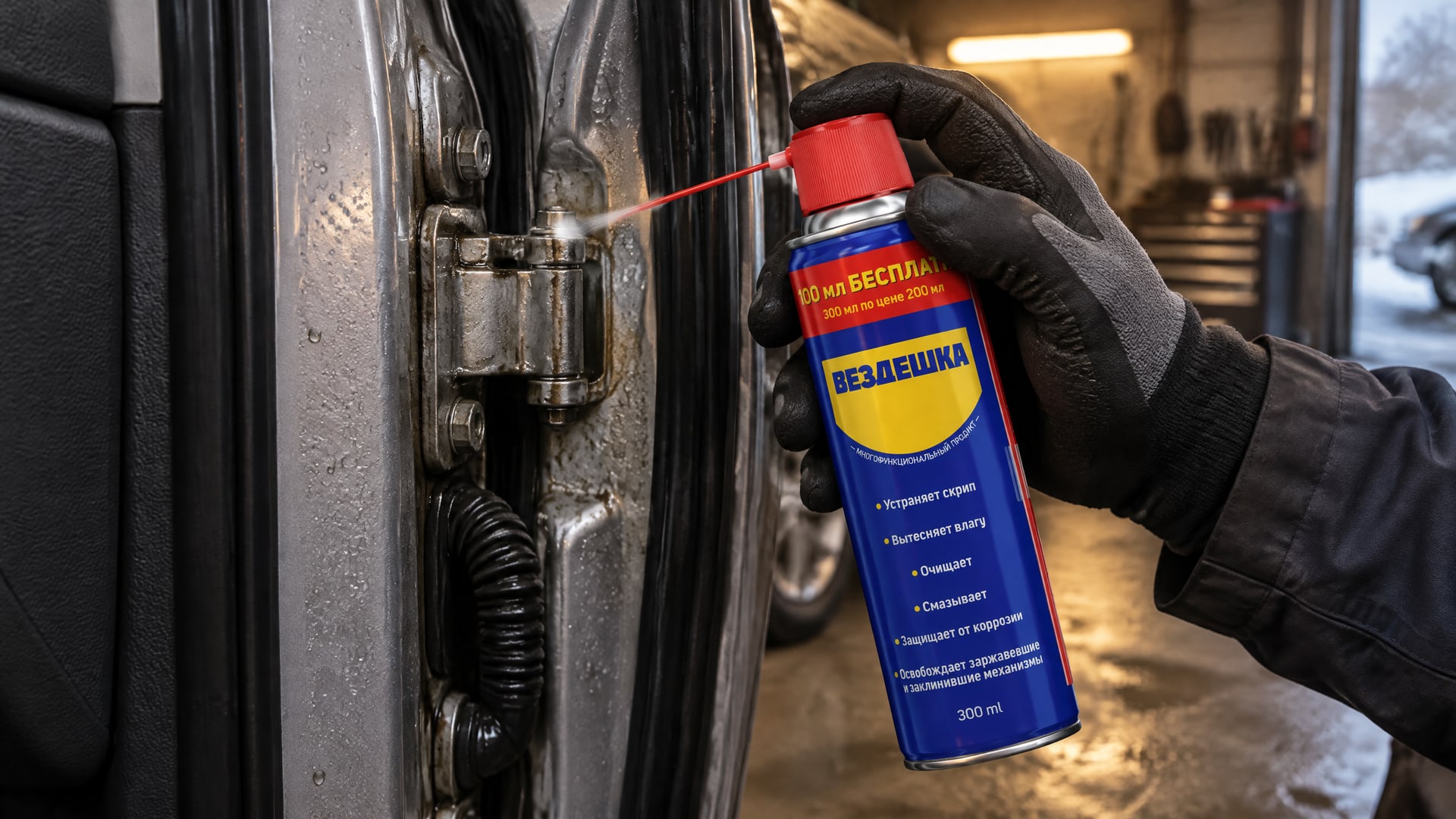 Рука в перчатке наносит универсальную смазку WD-40 на дверные петли автомобиля.