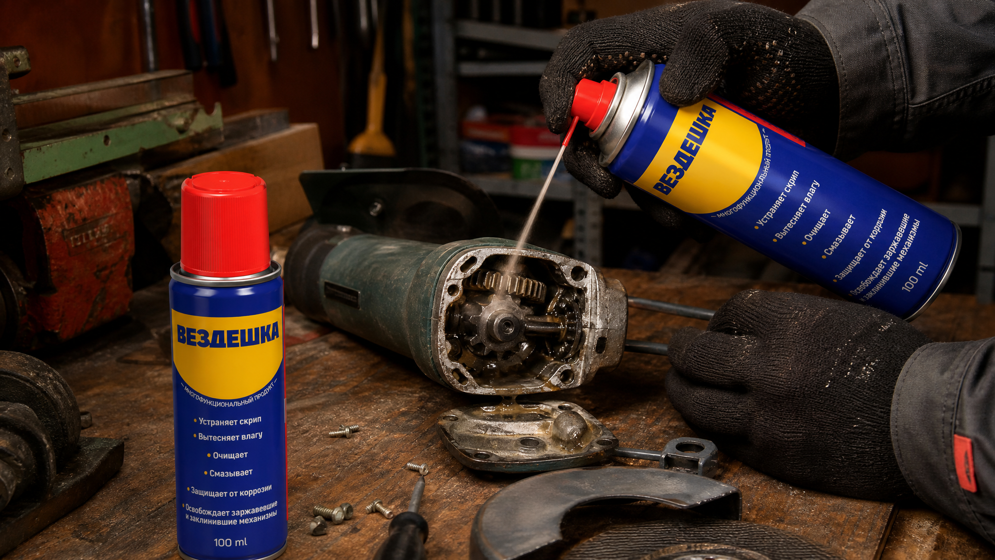 Рука в перчатке наносит универсальную смазку WD-40 на инструмент.