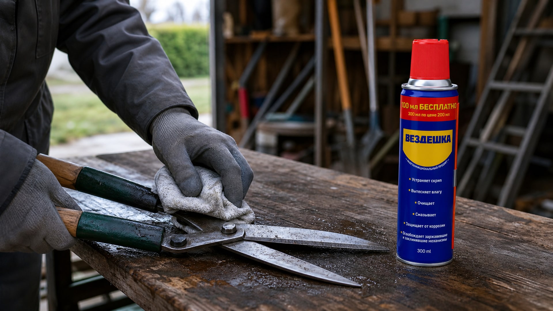 Рука в перчатке наносит универсальную смазку WD-40 на садовый инструмент.