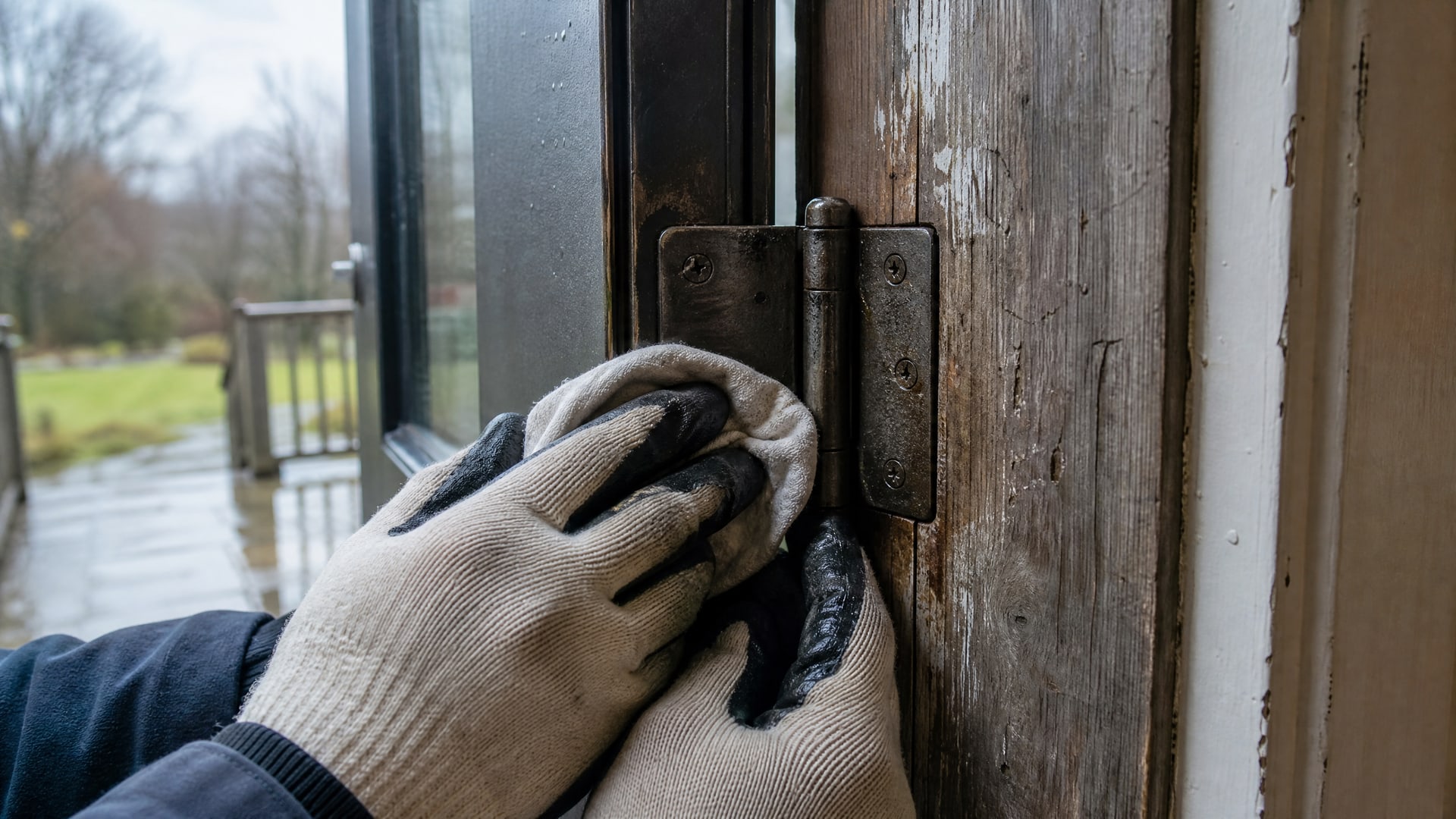 Руки в перчатках аккуратно вытирают ржавую дверную петлю тряпкой.