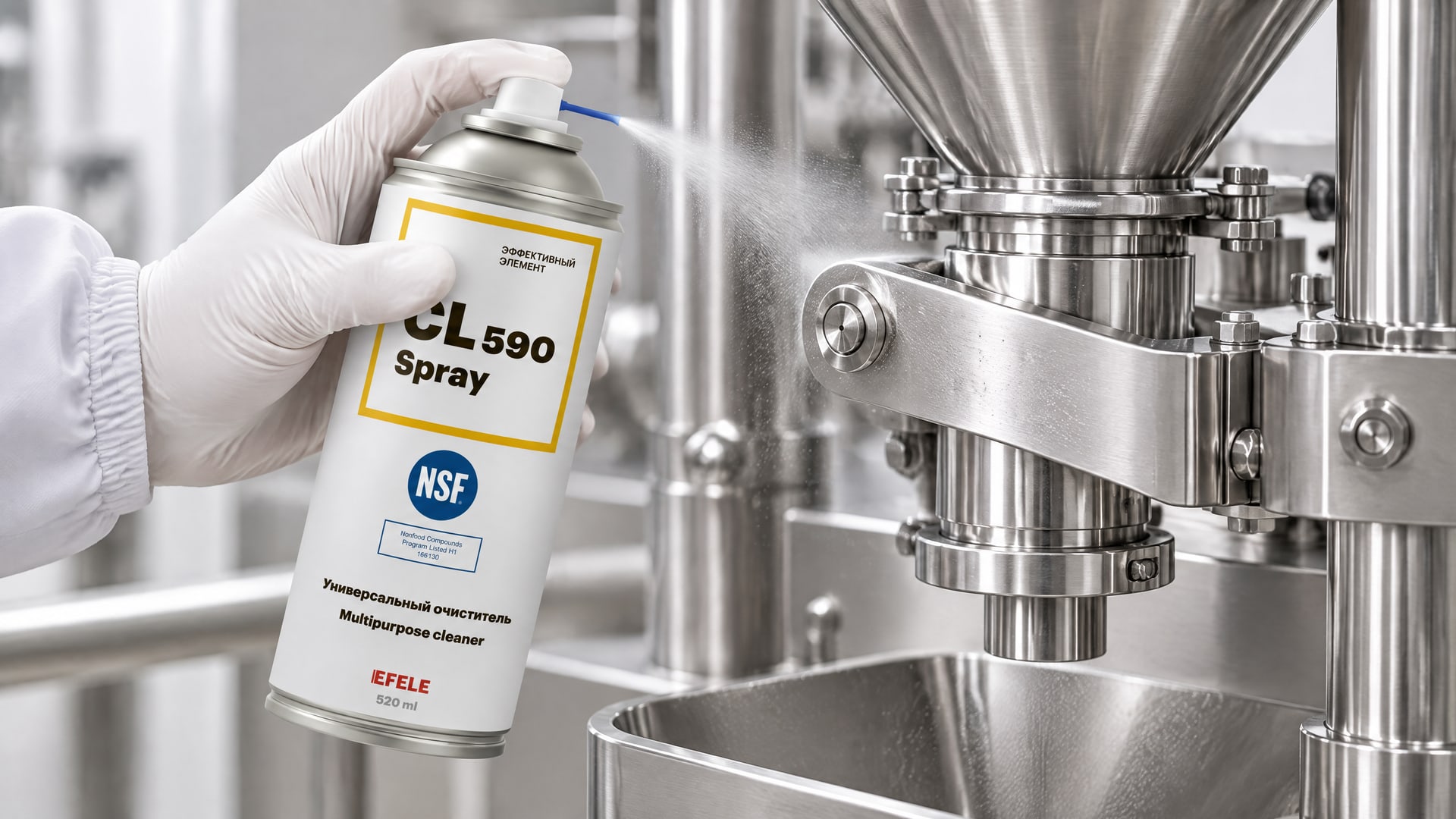 Рука в перчатке наносит EFELE CL-590 Spray для очистки смазки дозатора пищевой.