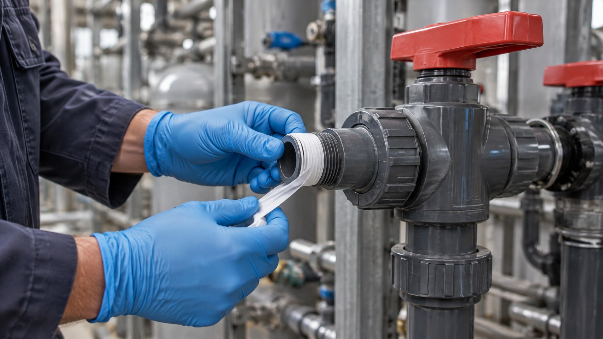 Механик оборачивает белую PTFE-ленту вокруг пластиковой резьбы на серой трубе, используя анаэробный герметик пластик.