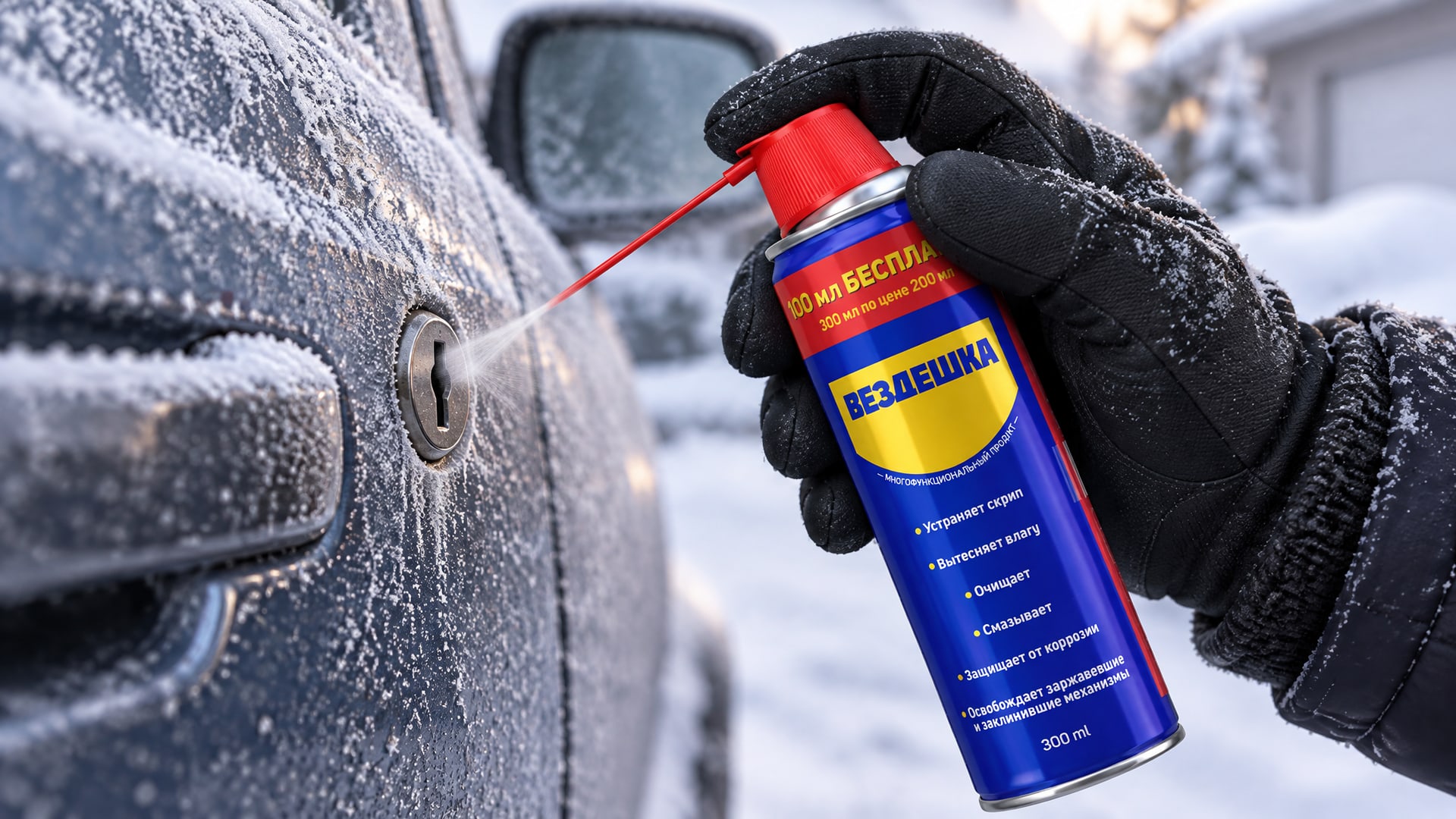 Рука в перчатке наносит универсальную смазку WD40 на замок.