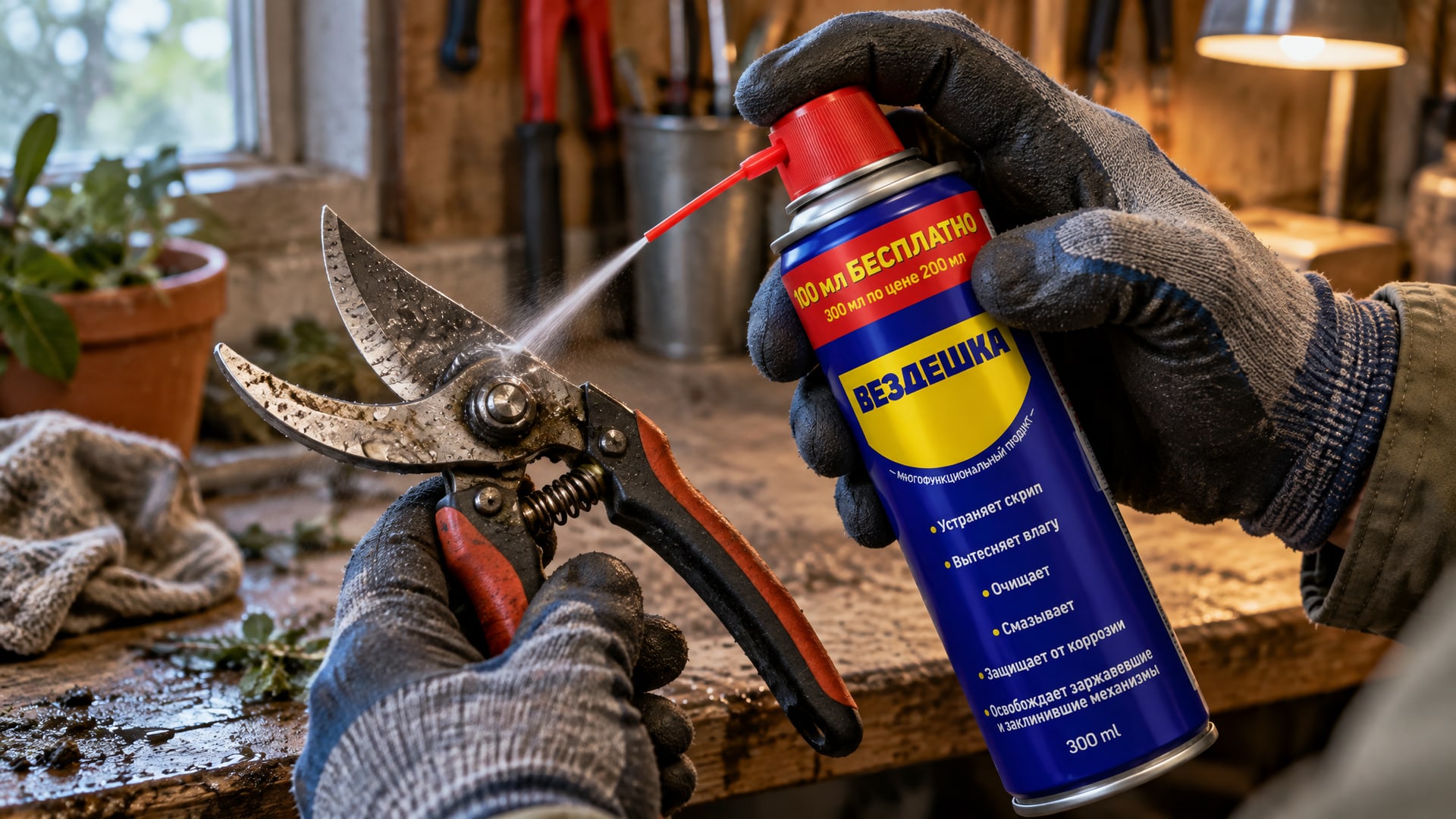 Рука в перчатке смазывает садовый секатор универсальной смазкой wd-40.