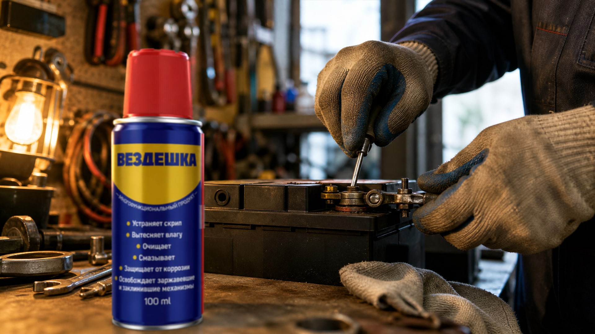 Рука в перчатке наносит универсальную смазку WD40.