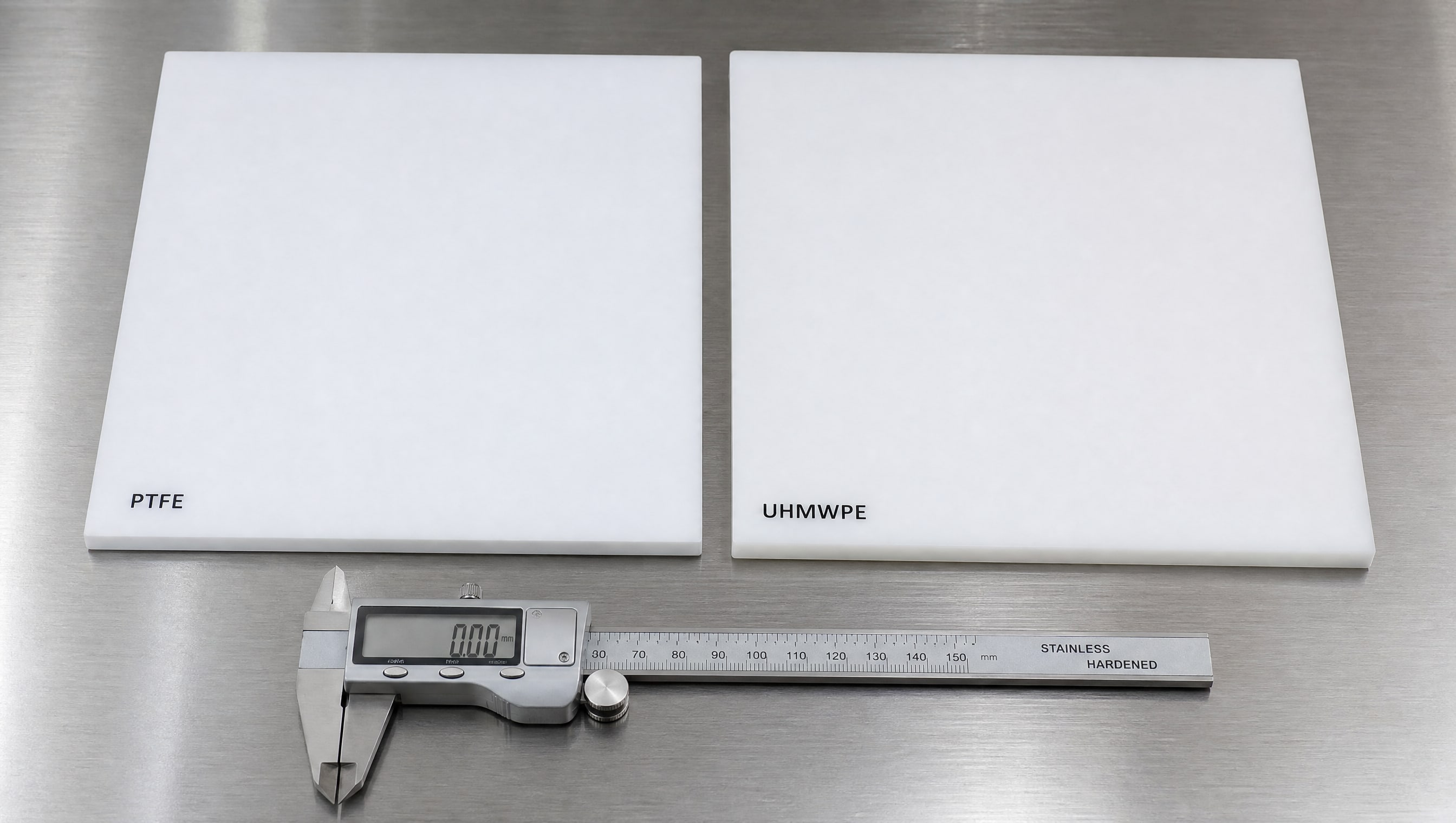 На светлом столе лежат белые листы полимеров PTFE и UHMWPE, а рядом - измерительные инструменты для сравнения их свойств и коэффициента трения материалов.