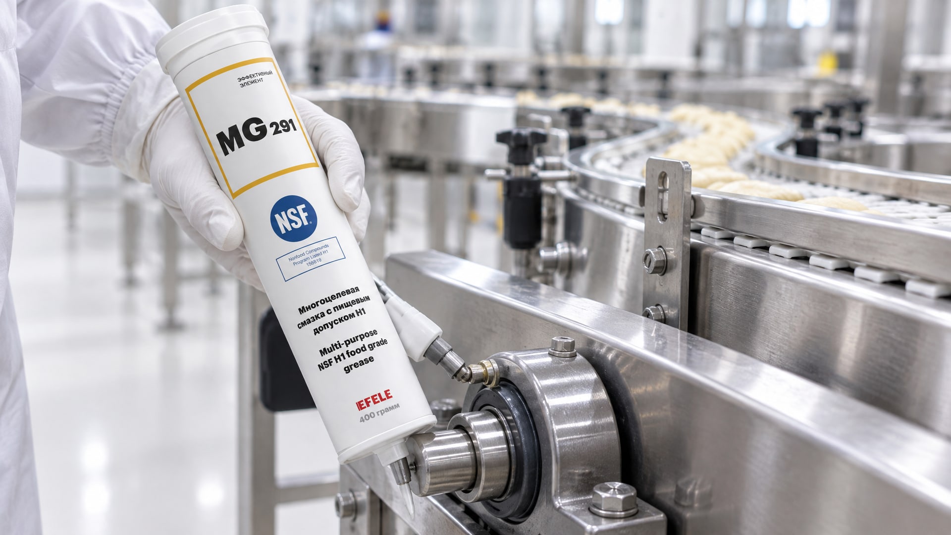 Рука в перчатке наносит смазку EFELE MG-291 (NSF H1) на упаковку продукта.