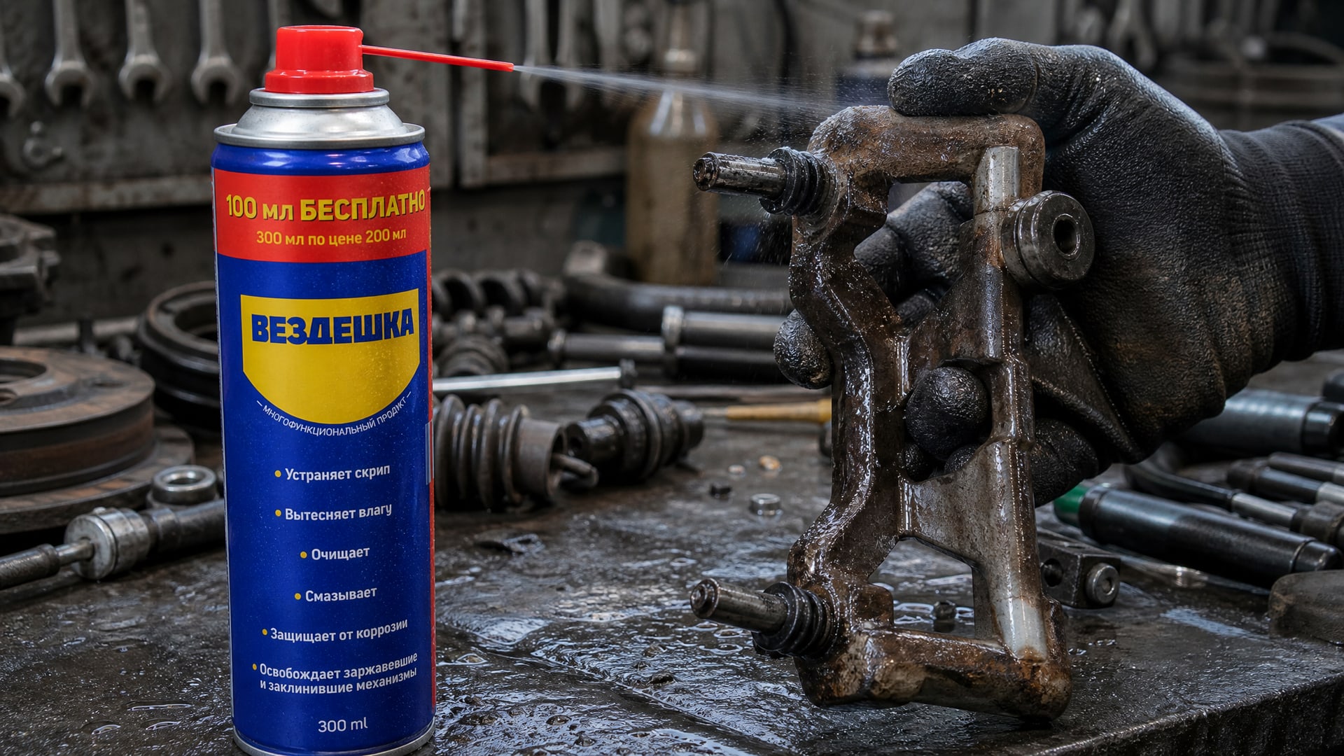 Рука в перчатке наносит универсальную смазку wd-40 на деталь.