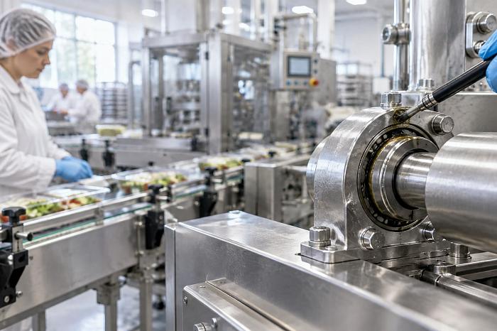 Чистая конвейерная линия для упаковки продуктов, видны ролики со свежей смазкой для хранение пищевых смазок.