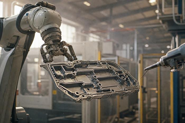 Роботизированная рука переворачивает металлическую деталь для нанесения защитного покрытия на вторую сторону.