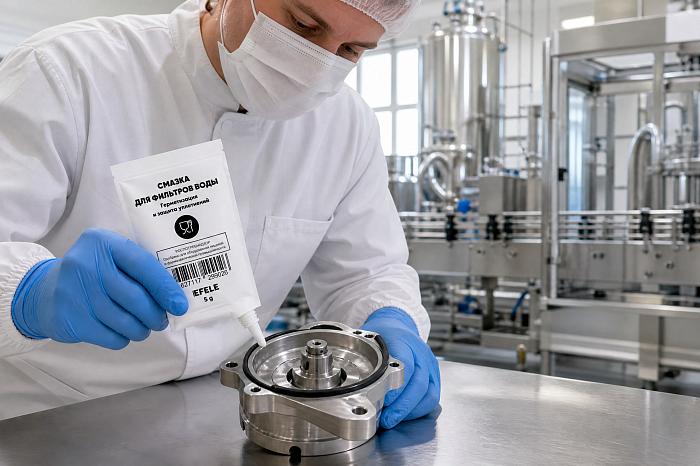 Работник в перчатке наносит EFELE Смазка для фильтров воды (NSF H1) на образцы фармацевтического оборудования.