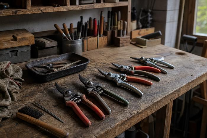 Мастерская в гараже с инструментами для сада, включая несколько секаторов на верстаке.