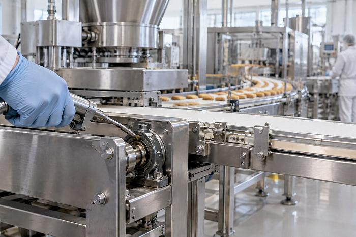 Чистая линия по производству продуктов с блестящими конвейерными лентами, срок годности пищевых смазок важен.
