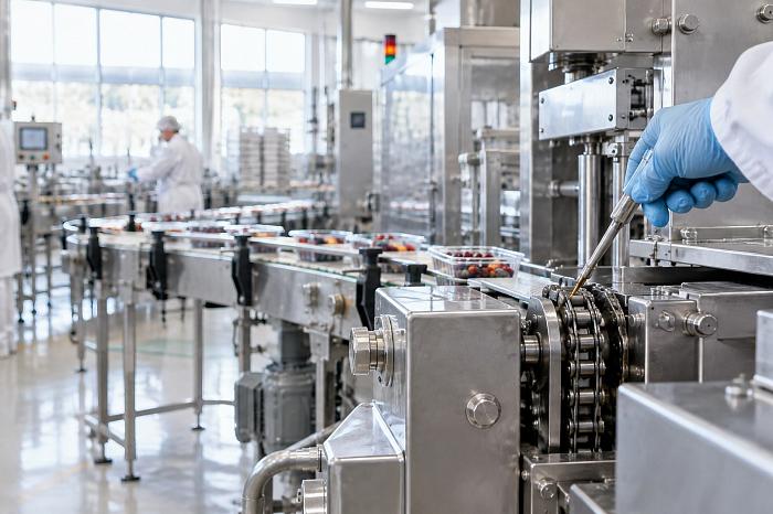 Чистая производственная линия с машинами и транспортерами, обработанными пищевой смазкой nsf h1.