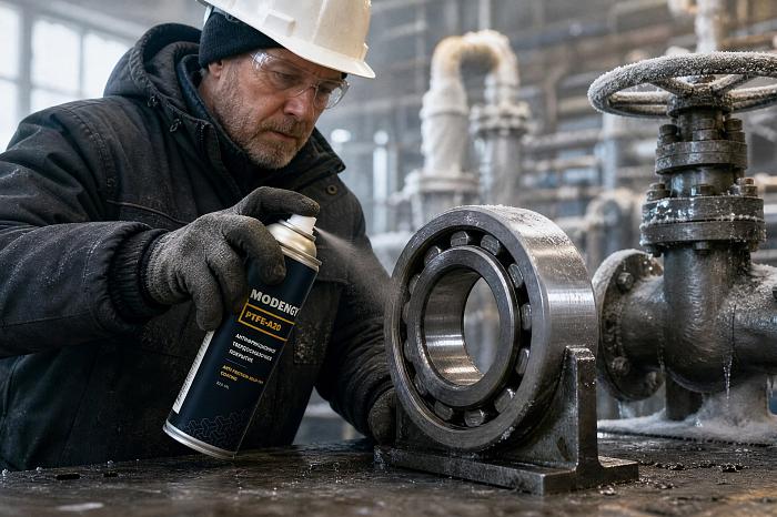Работник в перчатке наносит антиадгезионное покрытие MODENGY PTFE-A20.