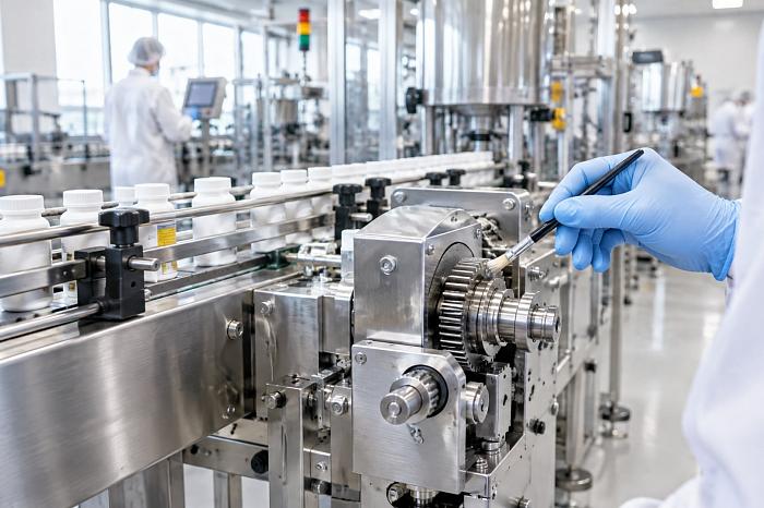 Защита продукта смазка наносится на движущийся механизм фармацевтического конвейера.