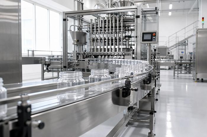 Чистый цех по розливу пищевых продуктов, где движется конвейер с пустыми емкостями.