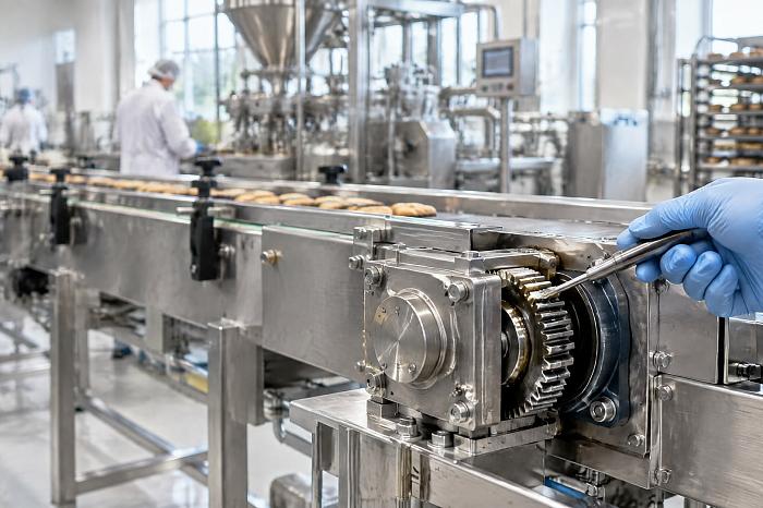 Чистая пищевая линия, где gloved рука наносит тонкий слой смазки на механизм конвейера, обеспечивая плавный переход с индустриальных на пищевые масла.
