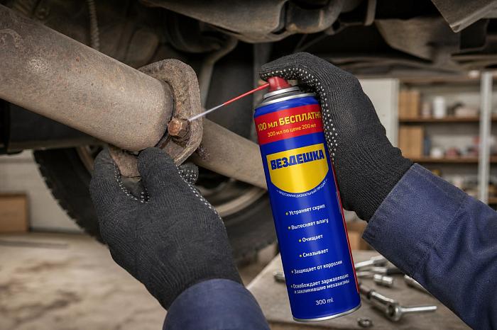 Мужская рука в перчатке наносит универсальную смазку WD40 на болты глушителя.