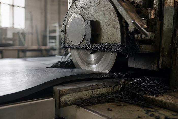 Толстые резиновые листы режет вращающийся нож, на лезвии видны налипшие частицы.
