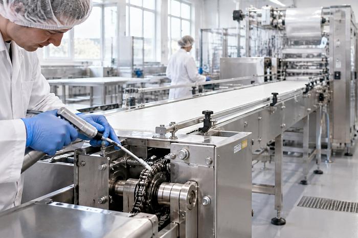 Заводской цех с линией по производству продуктов, где используются аналоги пищевых смазок.