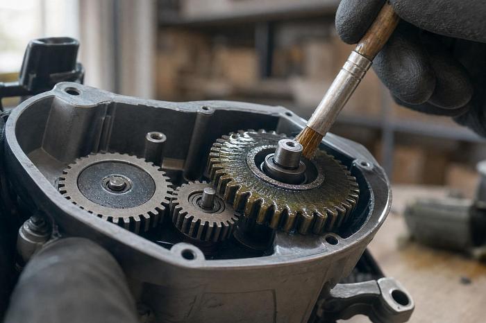 Открытый редуктор триммера с зубьями, смазанными аналогом WD-40.